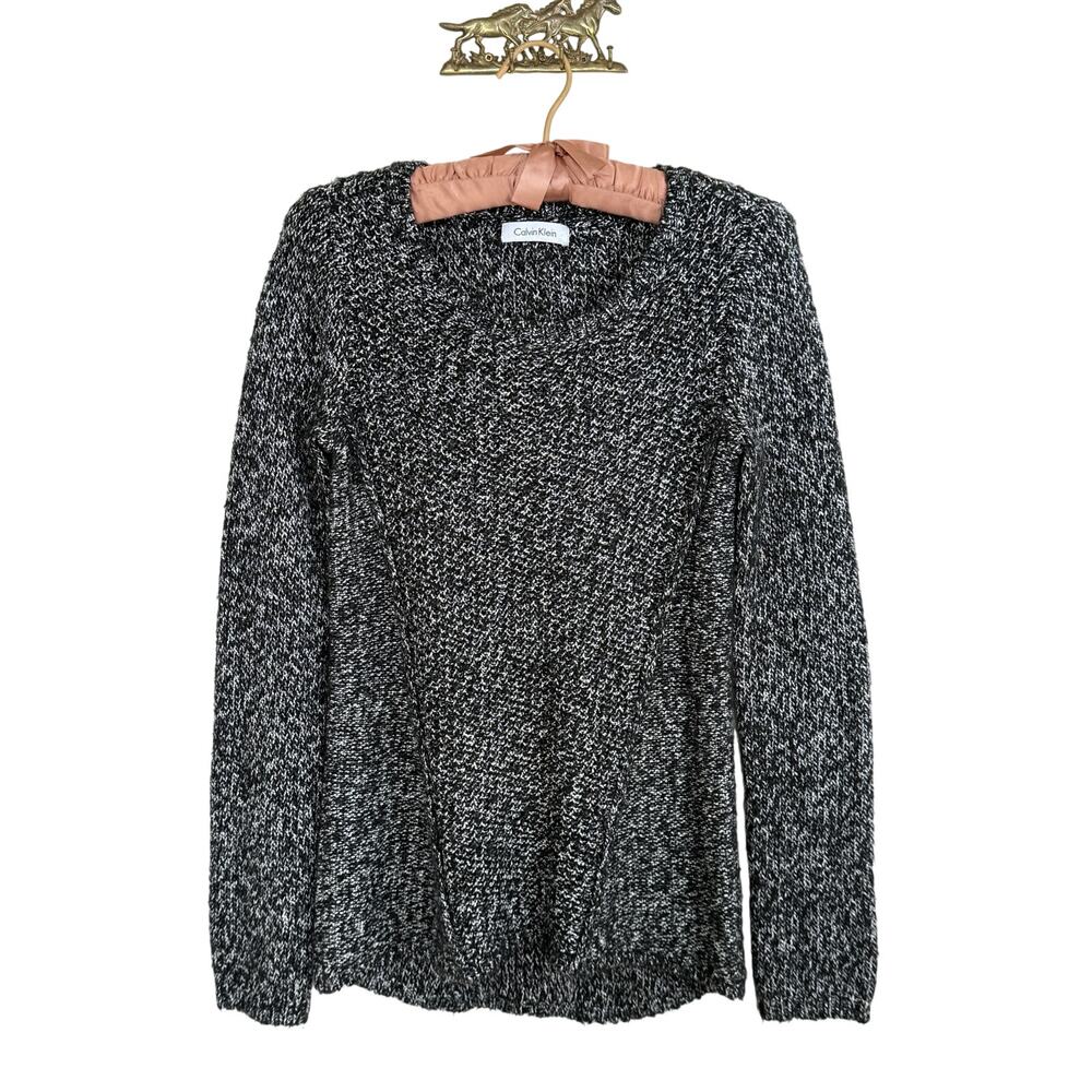 Calvin Klein Black White Marled Cable Knit Sweater Crew Neck Y2K